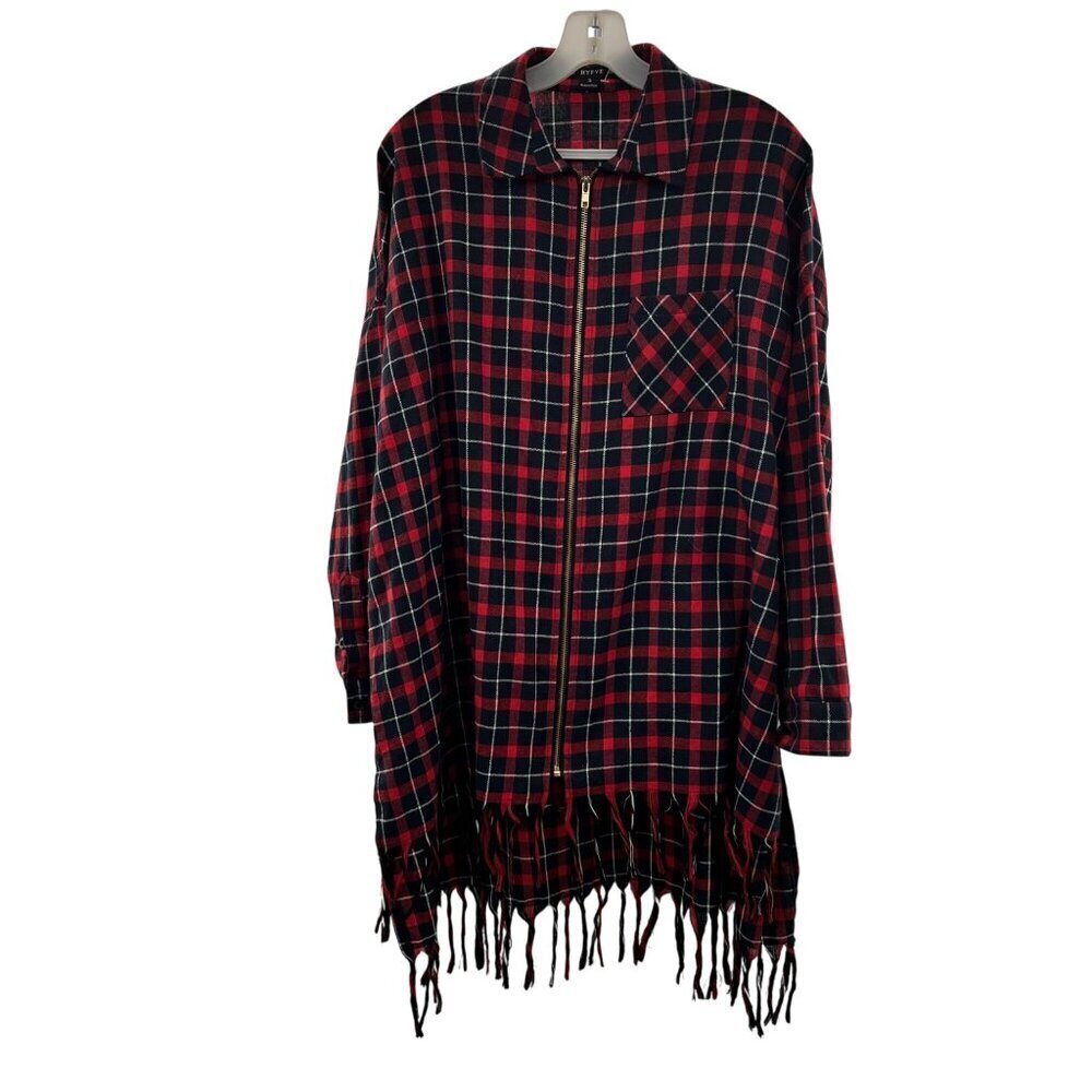 HYFVE Women's Full Zip Plaid Top Long Sleeve Multicolor Size Small Fringe Hem